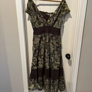 Jane Ashley Green brown floral Flutter Sleeve Midi Dress sz large